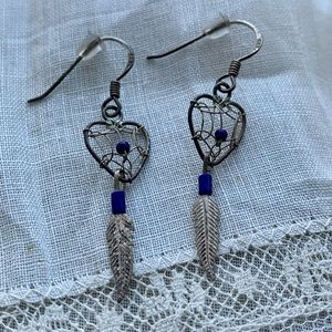 Vintage Silver Dream Catcher Cobalt Blue Beads with a Feather Heart Earrings